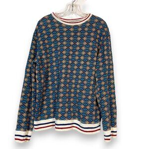 Zara Sweater Blue Red Geometric Print Striped Cuffs Cotton XL